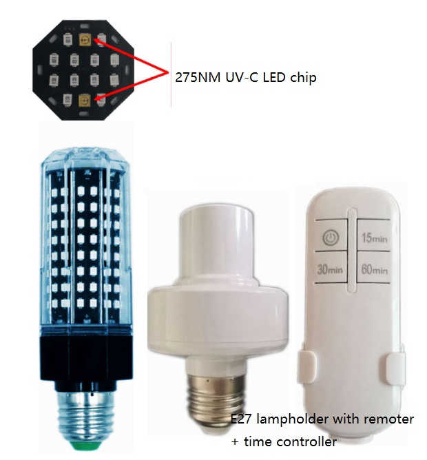 (image for) 12W led UVC 278nm+UVA 395nm LED bulb for Disinfection cabinet E14 E27 B22 base or E27 lamp holder with remote controller and time controller