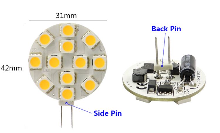 (image for) Marine Back pin or side pin G4 LED Bulb 2W AC/DC 12V 24V, back pin g4 led replacement, 24V g4 back pin led boat and RV interior light, Back mount with bi-pin G4 LED bulbs