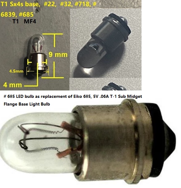 (image for) Midget LED bulbs sx4s base with center pin negative (buttom of socket is negative) as replacement of Eiko 685, #22 #32 #718 #685 #682 #8022 #7234, 28V 6839 T-1 Sub Midget Flange Light Bulb