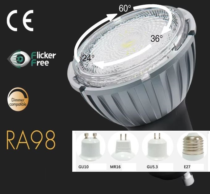 (image for) 7.5W CRI RA98 GU10 MR16 GU5.3 E27 Zoomable 24° 36° 60° angle narrow beam spotlight, phase Dimmable led bulb using Cree COB LED chip, SCR phase dimming led bulb